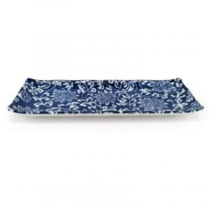 Japanese rectangular ceramic plate, blue and white flowers - HANA