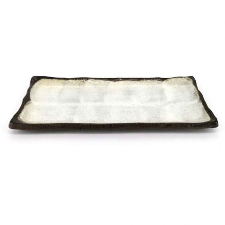 Kleine rechteckige japanische Platte aus beiger Keramik mit braunem Rand - BEJUBURAUN