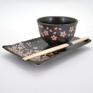 Japanese set for sushi , TENMOKU HANAMATSURI, black and pink