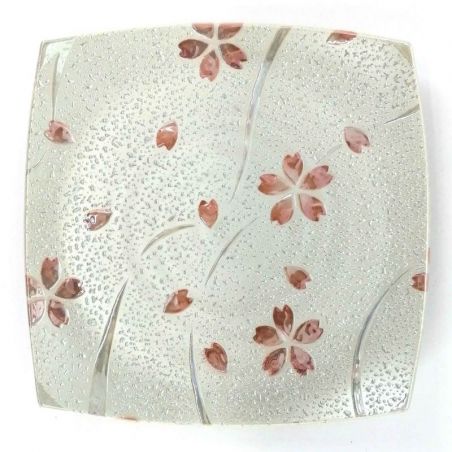 Plato de cerámica cuadrado japonés, blanco con reflejos plateados - SHIRUBA SAKURA
