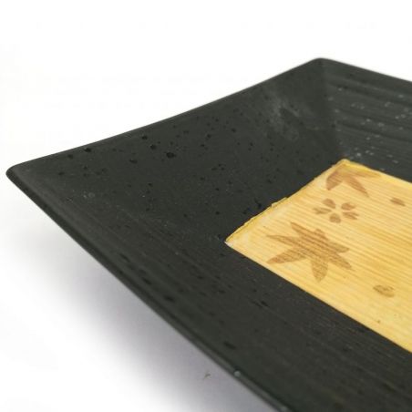 Japanese square ceramic plate, black with gold center - MOMIJI