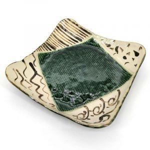 Japanese square plate with beige and green ceramic edges - CHUO HIROBA