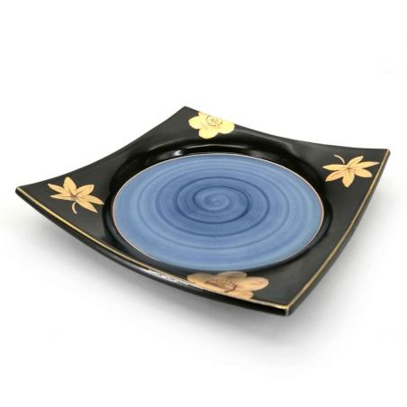 Japanese small square black plate with hand painted gilding - MOMIJI SAKURA