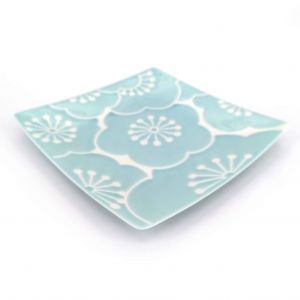 Plato de cerámica cuadrado japonés, azul y blanco - UME