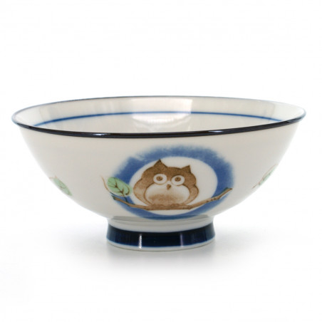 rice bowl with owl pictures blue KOHIKI MORI NO CHIE FUKURÔ ÔHIRA