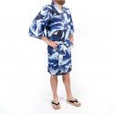 Kimono Happi japonais bleu et blanc motifs vague en coton pour homme - NAMIFUJI
