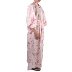 Kimono japonés de algodón blanco para mujer KOMONICHIMATSU-NI-SAKURA