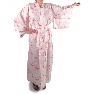 Japanischer Kimono aus weißer Baumwolle für Damen KOMONICHIMATSU-NI-SAKURA