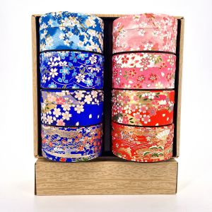 set of 8 flat blue or pink Japanese tea canisters in washi paper, YUZEN HANA, 40 g