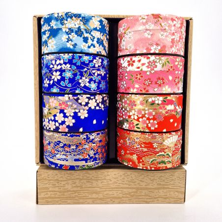 set di 8 scatole da tè giapponesi piatte blu o rosa in carta washi, YUZEN HANA, 40 g