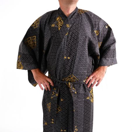 Men's black cotton Yukata -HANABISHI