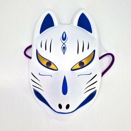 Maschera di volpe giapponese tradizionale, KITSUNE, blu con occhi d'oro