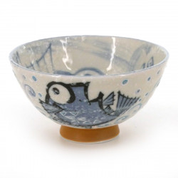 bol à thé traditionnel japonais avec motifs poissons couleur bleu en céramique MEDETAI