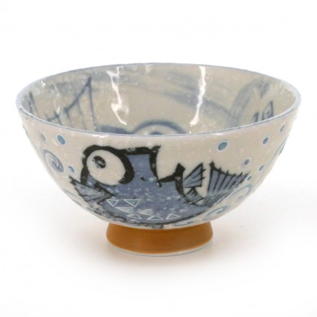Japanese traditional colour blue tea bowl with fish patterns in ceramic MEDETAI