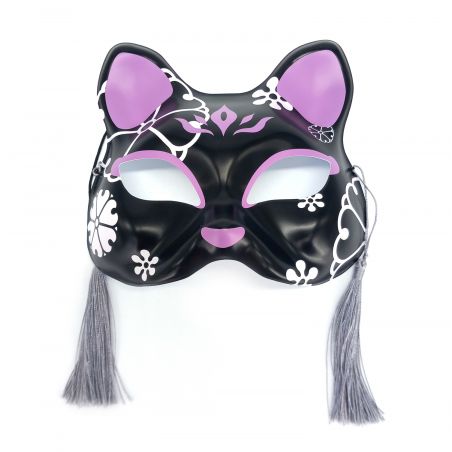 Japanische schwarz-lila Katzen-Halbmaske mit Blumenmuster, NEKOHANA