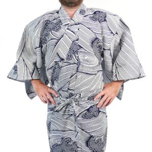 Japanischer Yukata aus blau-weißer Baumwolle für Herren – NAMI