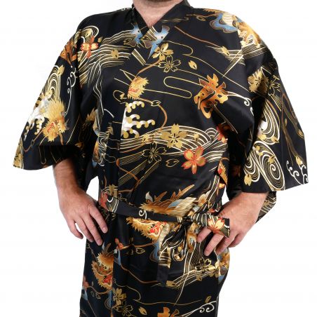 Black Japanese yukata with golden dragon in cotton for men - DORAGON