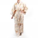 Traditioneller japanischer Yukata-Kimono aus beigefarbener Baumwolle mit Ahornblattmuster für Frauen, YUKATA NAMI MOMIJI