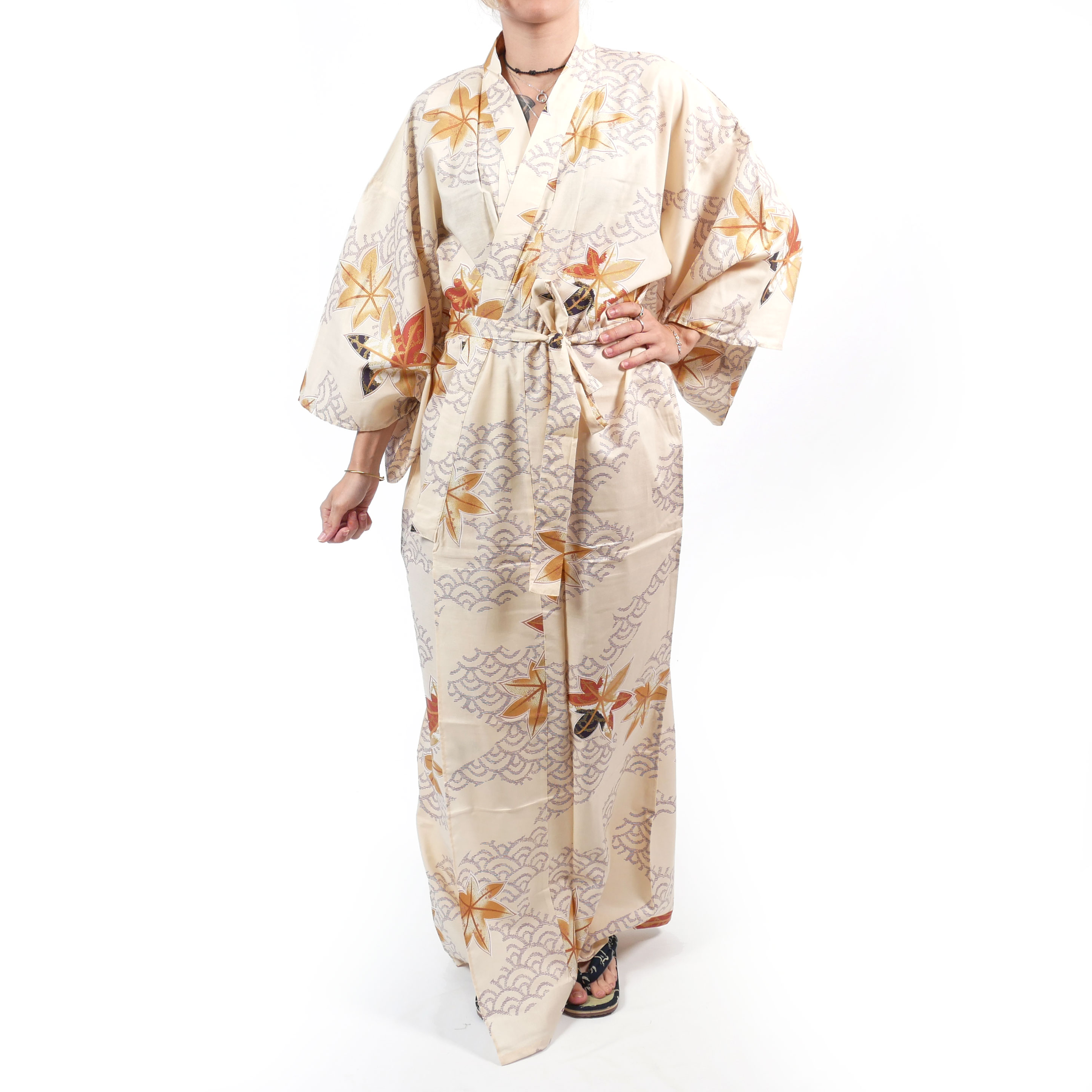 Japanese white cotton yukata kimono peony and beauty for ladies