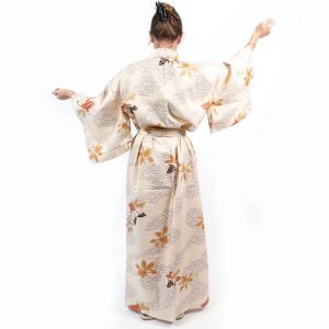 Traditional Japanese beige cotton yukata kimono with maple leaf pattern for women, YUKATA NAMI MOMIJI