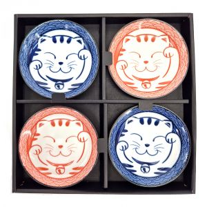 Set of 4 small blue and pink ceramic plates with Cat pattern - NEKO