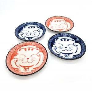 Set of 4 small blue and pink ceramic plates with Cat pattern - NEKO