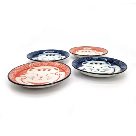 Set of 4 small blue and pink ceramic plates with Cat pattern - NEKO