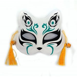 Japanese white cat half mask, Green flame