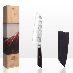 Coltello da cucina giapponese Santoku Bunka martellato - con scatola Saya e bambù - lama 17 cm