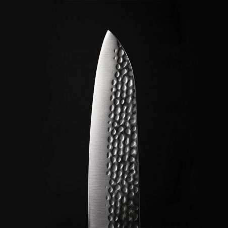 Coltello da cucina giapponese Santoku KOTAI martellato con Saya e scatola di bambù - lama 18 cm