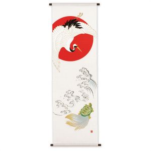 Tapiz de cáñamo pintado a mano Grulla y tortuga auspiciosas Tsuru Kame 45x150cm