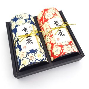 Duo of blue and red Japanese tea boxes covered with washi paper, UMEROMAN, 200 g