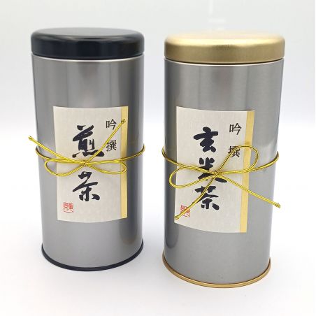 Duo aus Teeboxen mit 100 g Sencha und 100 g Matcha iri genmaicha