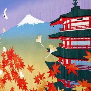 Japanisches Furoshiki zum Einwickeln von Bento, Herbstblätter. Fünfstöckige Pagode des Fuji