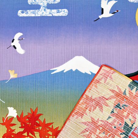 Japanisches Furoshiki zum Einwickeln von Bento, Herbstblätter. Fünfstöckige Pagode des Fuji