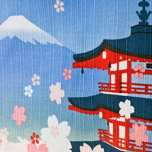 Japanisches Furoshiki zum Einwickeln von Bento, Kirschblüten, fünfstöckige Pagode, Berg Fuji