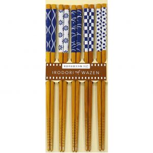 Juego de 5 pares de palillos japoneses negros con motivos azules, Shokkashi-Shiohaze, 22,5 cm