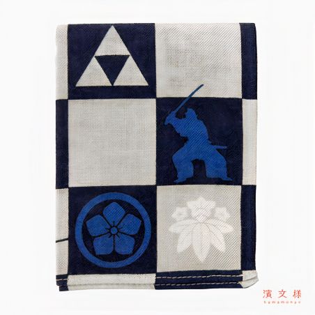 Japanese cotton handkerchief, gray checkered samurai badge, SAMURAI