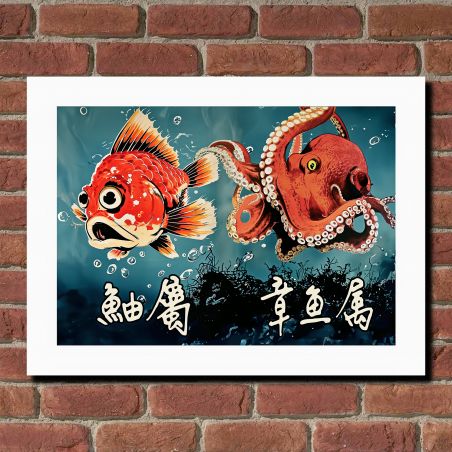 Japanische Illustration „Tako to kasago“, Oktopus und Drachenkopf, von ダヴィッド