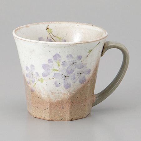 Taza de cerámica japonesa con asa, beige y violeta - SAKURA