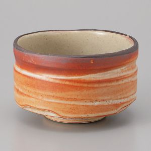 Bol pour cérémonie du thé japonais en céramique, strié blanc et orange - SHIMA