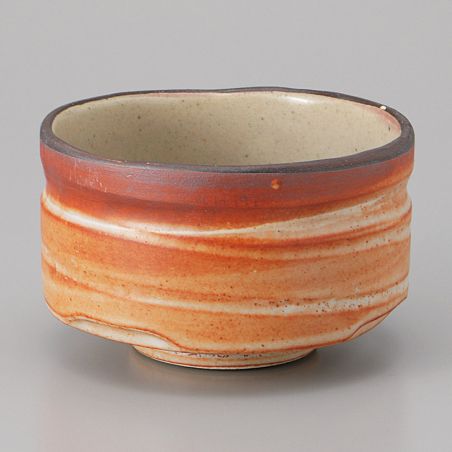 Bowl for Japanese tea ceremony in ceramic, striped white and orange - SHIMA