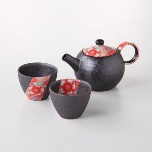 Tea service, round ceramic teapot with removable filter and 2 cups - FURORARU