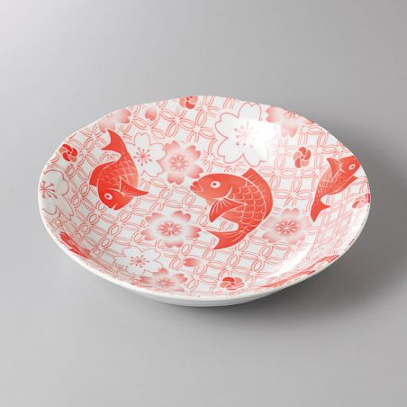 Round ceramic deep plate, red, fish and sakura pattern - SHIPPO