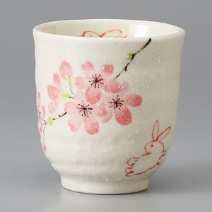 Japanese ceramic tea cup, white and cherry blossoms - SAKURA USAGI