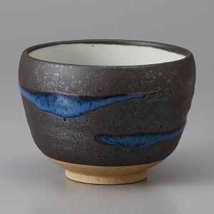 Taza de té de cerámica japonesa, línea marrón y azul - RAIN