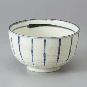 Japanese beige ceramic donburi bowl with blue vertical lines - SUICHOKU SEN - 12.5cm