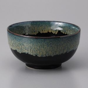 Cuenco donburi de cerámica japonesa, negro, pintura infundida verde / azul - CHUNYU