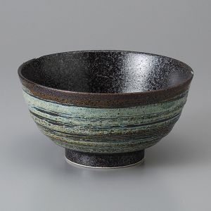 Cuenco donburi de cerámica japonesa, negro, reflejos marrones azules - HANTEN