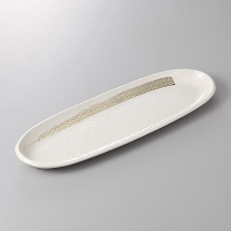 Japanische Keramikplatte, lang und oval, beige und grau - MIGAKIMASU